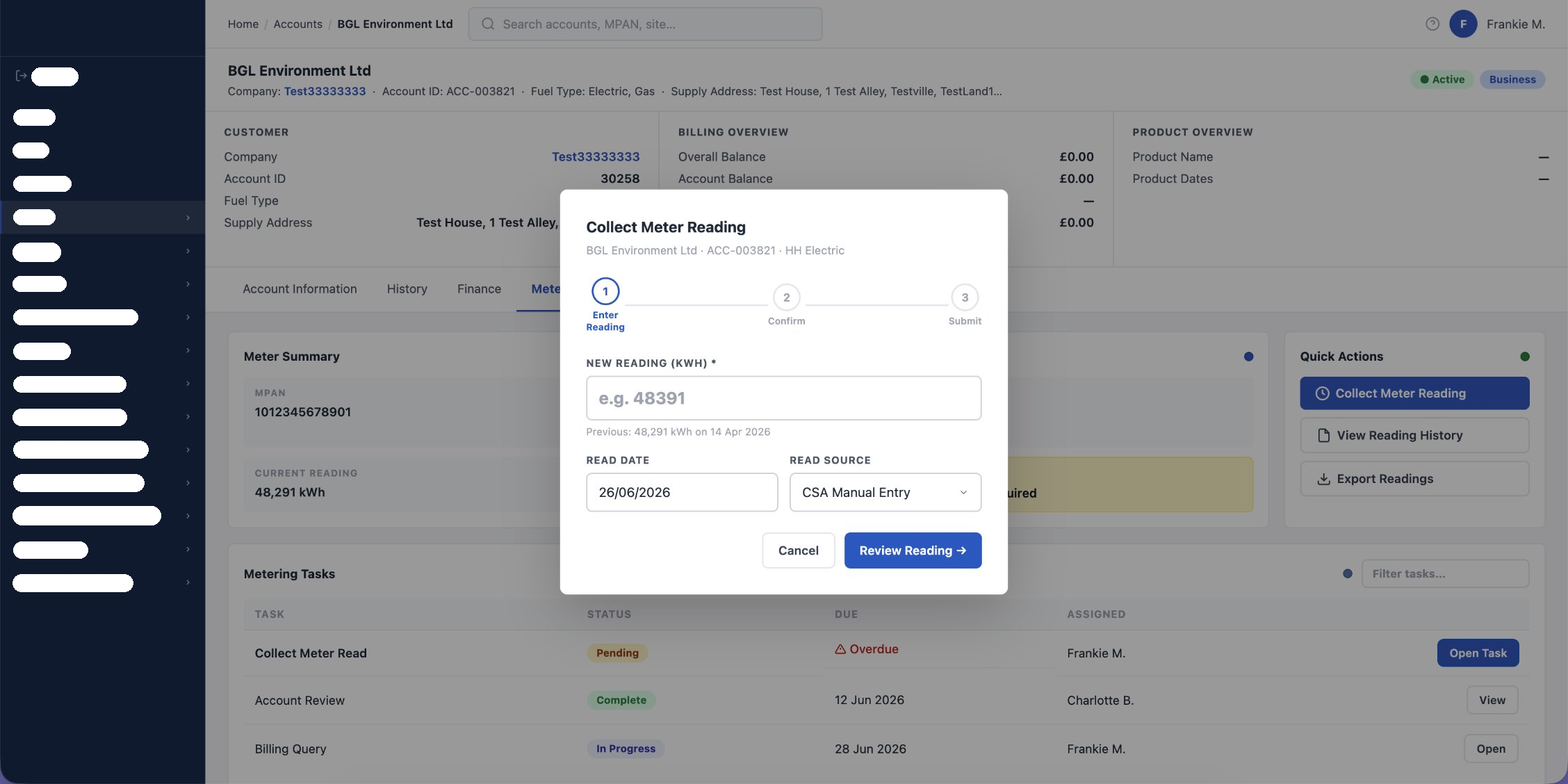 App 1 — Collect Meter Reading modal within the existing tabbed layout