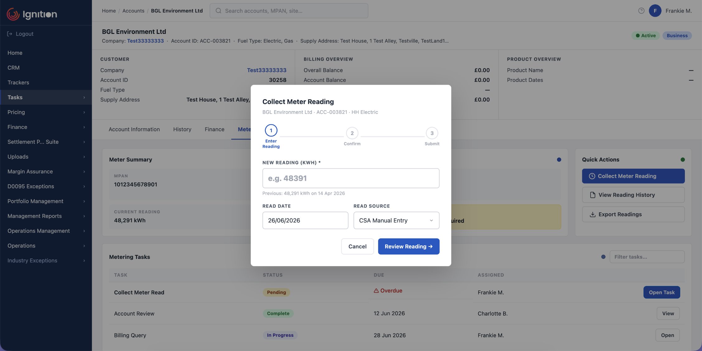 App 1 — Collect Meter Reading modal within the existing tabbed layout